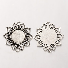 Tibetan Style Alloy Flower Cabochon Connector Bezel Settings, Cadmium Free & Lead Free, Flat Round Tray: 18mm, 39x35x2mm, Hole: 3mm, about 158pcs/kg