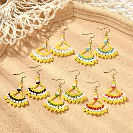 Seed Glass Woven Dangle Earrings, Fan, 304 Stainless Steel Dangle Earrings, Real 18K Gold Plated