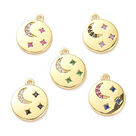 Brass Micro Pave Cubic Zirconia Pendants, Flat Round with Moon & Star