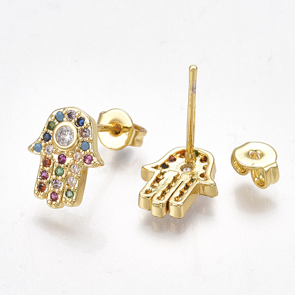 Brass Micro Pave Cubic Zirconia(Random Mixed Color) Ear Studs, with Ear Nuts, Hamsa Hand/Hand of Fatima/Hand of Miriam