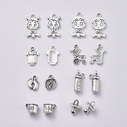 Baby Theme, Tibetan Style Alloy Pendants, Baby Girl & Baby Boy & Dummy Pacifier & Cup with Baby & Clothe with Baby & Baby Feet & Pram & Feeding-bottle