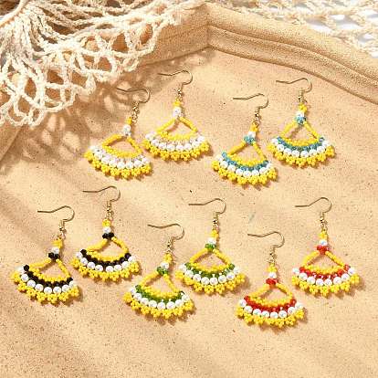 Seed Glass Woven Dangle Earrings, Fan, 304 Stainless Steel Dangle Earrings, Real 18K Gold Plated