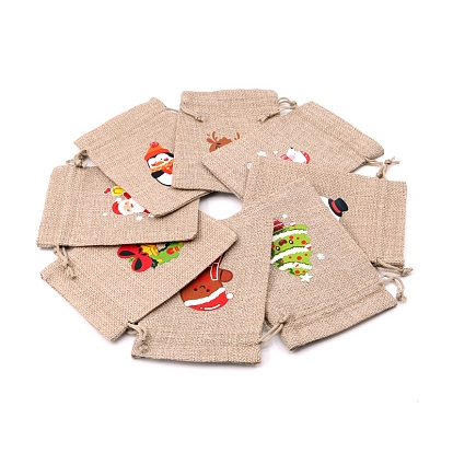 Rectangle Christmas Themed Burlap Drawstring Gift Bags, Gift Pouches for Christmas Party Supplies, BurlyWood