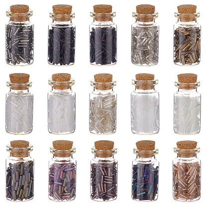 120g 15 Style Glass Bugle Beads, Round Hole Seed Beads