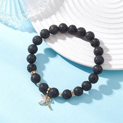 Браслеты с подвесками из латуни с микропаве из кубических цирконий, Женские браслеты из круглых бусин из натуральной лавы