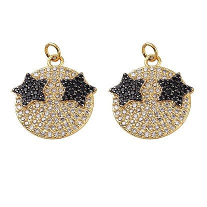 Brass Micro Pave Clear & Black Cubic Zirconia Pendants, with Jump Rings, Long-Lasting Plated, Lead Free & Cadmium Free, Flat Round with Star
