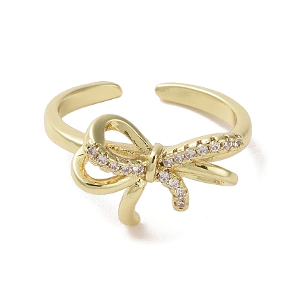 Brass Micro Pave Cubic Zirconia Open Cuff Ring, Bowknot