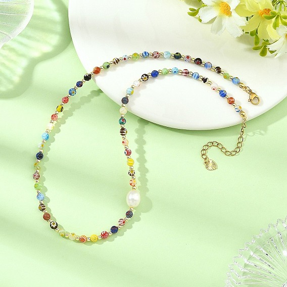 Collares redondos de cuentas de vidrio millefiori hechos a mano para mujer, con perla natural cultivada de agua dulce, colorido