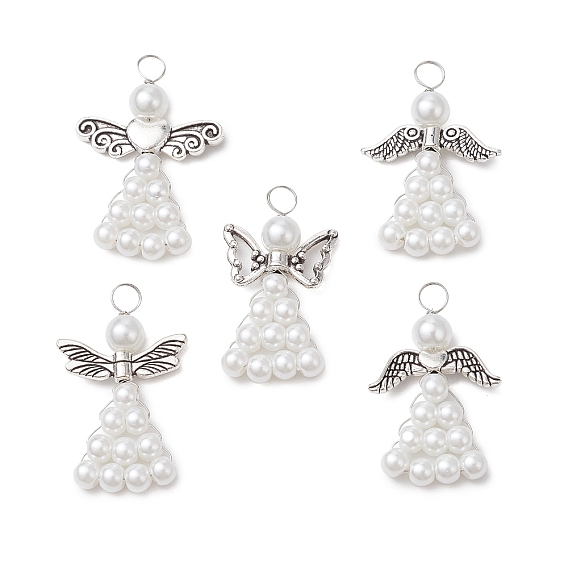 Подвески из перламутровых стеклянных бусин, ангельские прелести, с крыльями из сплава и медной проволокой