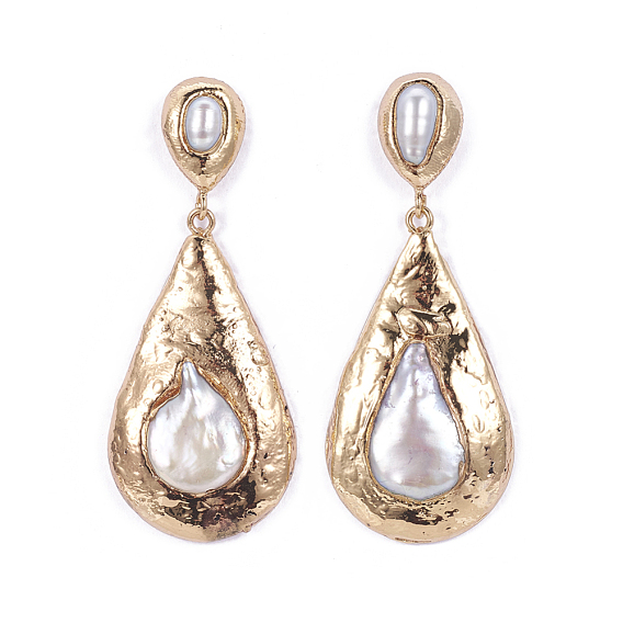 Серьги-гвоздики с жемчугом и галькой, с латунной фурнитурой , капля