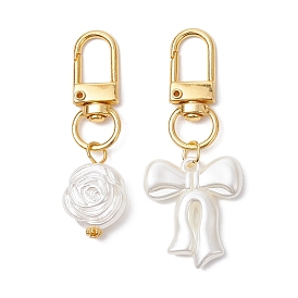 2Pcs Flower & Bowknot Plastic Imitation Pearl Pendant Decorations, Alloy Swivel Clasps Charms for Bag Ornaments