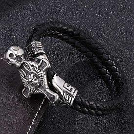 Genuine Leather Wrap Wide Cord Bracelet with Stainless Steel Toggle Clasps, Reto Cuff Wristband Arm Guard for Men Women