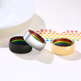 Rainbow Color Pride Flag Enamel Inner Grooved Finger Ring, Stainless Steel Plain Band Ring for Women