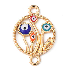 Alloy Enamel Evil Eye Connector Charms, Light Gold, Flat Round with Flower