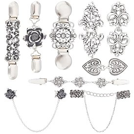 Gorgecraft 9Pcs 9 Styles Vintage Alloy Rhinestone Sweater Clips, Cardigan Collar Clip, with Alloy Hook Button, Mixed Shapes