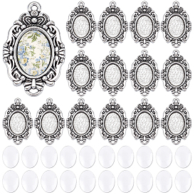 30Pcs Tibetan Style Alloy Pendant Cabochon Settings, Oval, 30Pcs Transparent Oval Glass Cabochons