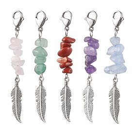 Alloy Feather Pendant Decorations, Natural Mixed Gemstone Chips & Lobster Claw Clasps Ornaments for Bag Key Chain