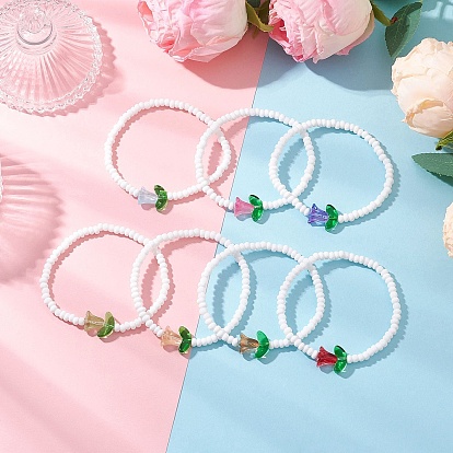 7шт 7 цвета стеклянные бусины эластичные браслеты для женщин, тюльпан, со стеклянным цветком