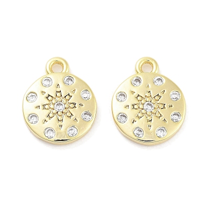 Brass Micro Pave Clear Cubic Zirconia Pendants, Flat Round