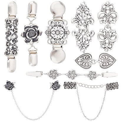 9Pcs 9 Styles Vintage Alloy Rhinestone Sweater Clips, Cardigan Collar Clip, with Alloy Hook Button, Mixed Shapes