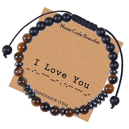Natural Stone Morse Code Couple Bracelet with I Love You Message - Handmade Weave Jewelry