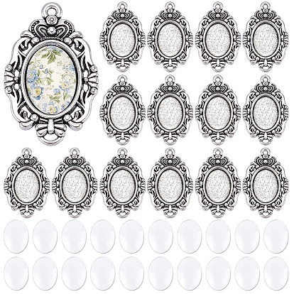 30Pcs Tibetan Style Alloy Pendant Cabochon Settings, Oval, 30Pcs Transparent Oval Glass Cabochons