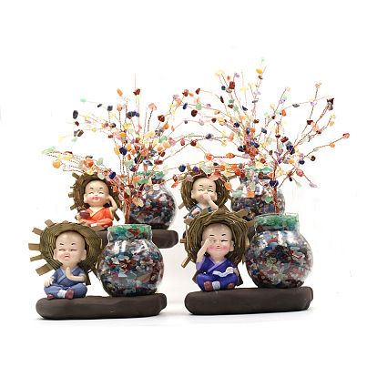 Décorations d'arbre en copeaux de pierres précieuses naturelles mélangées, Base de bouteille de moine et de verre, fil de cuivre, pierre d'énergie feng shui, cadeau pour la décoration de la maison