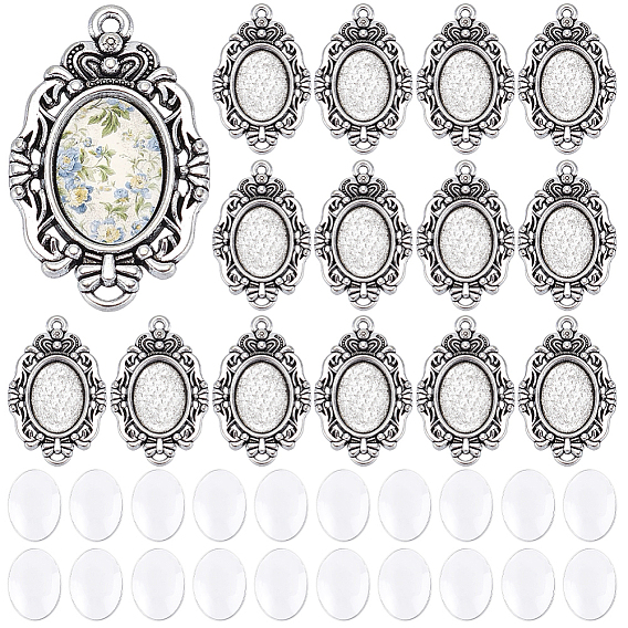 30Pcs Tibetan Style Alloy Pendant Cabochon Settings, Oval, 30Pcs Transparent Oval Glass Cabochons