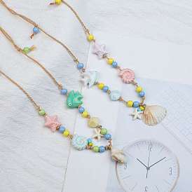 Подвеска в форме ракушки из керамики, морской звезды и смолы, регулируемые ожерелья из хлопкового шнура для женщин