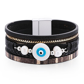 Bohemian Vacation Style Multi-layer Woven Demon Eye Pearl Leather Bracelet - European and American Fashion, Retro, Personalized Hand Ornament.