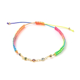 Adjustable Nylon Thread Braided Bead Bracelets, with Evil Eye Lampwork Links and Brass Round Beads, Colorful