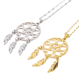 Woven Net/Web with Feather 304 Stainless Steel Pendant Necklaces for Women