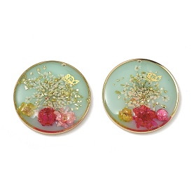 Plating Brass & Transparent Epoxy Resin & Dried Flower Pendants, Flat Round with Flower & Butterfly Pattern Charm, with Glitter Powder