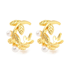 Rack Plating Brass Leaf Cuff Earrings with Plastic Pearl, Long-Lasting Plated, Lead Free & Cadmium Free