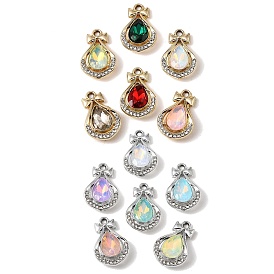 UV Plating Alloy Glass Pendants, Teardrop with Bow Charm, with Rhinestone, Faceted, Mixed Color