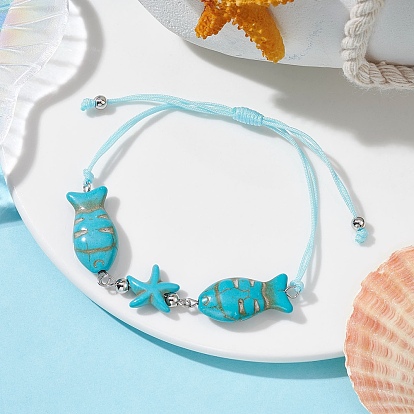 Fish & Starfish Synthetic Turquoise Braided Bead Bracelets, Adjustable Nylon Thread Bracelets for Women