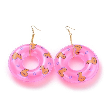 Resin Dangle Earrings, with Light Gold Iron Earring Hooks, Swim Ring with Duck Pattern