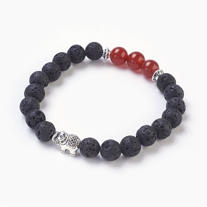 Natural Lava Rock Beads Stretch Bracelets, with Gemstone Beads and Tibetan Style Alloy Beads, Elephant, Antique Silver