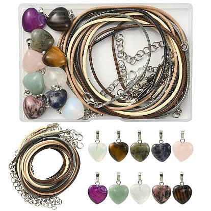 DIY Heart Necklace Making Kit, Including Braided Waxed Cotton Cord Necklace Making, Natural & Synthetic Mixed Gemstone Pendants