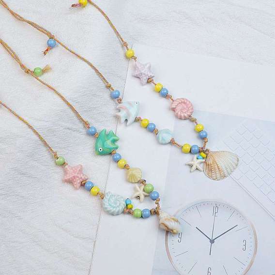 Подвеска в форме ракушки из керамики, морской звезды и смолы, регулируемые ожерелья из хлопкового шнура для женщин