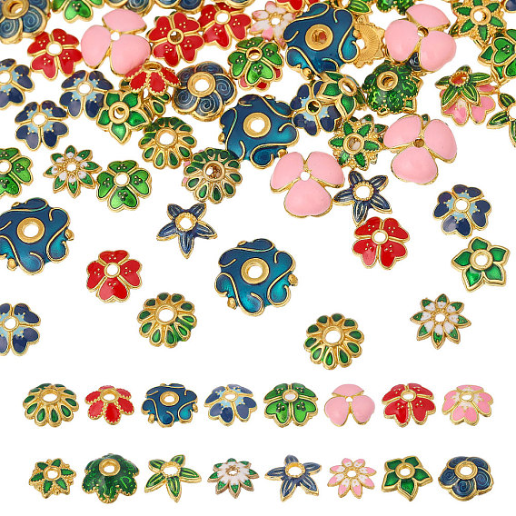 96шт. 16 стили эмалированные колпачки для бусин из сплава, без свинца и без кадмия, мульти-лепесток цветка