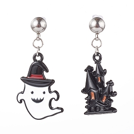 Alloy Enamel Asymmetrical Earrings for Halloween, with 304 Stainless Steel Stud Earring Findings and Plastic Ear Nuts, Haunted House & Ghost