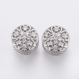 Brass Micro Pave Cubic Zirconia European Beads, Large Hole Beads, Hollow, Flat Round with Flower, Clear