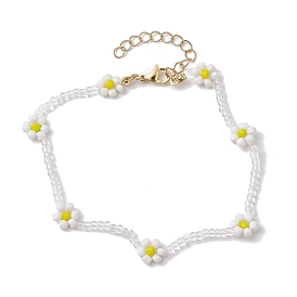 Faceted Rondelle Glass & Glass Seed Anklet, Flower Charm Anklets