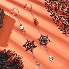 Тематика хэллоуина стеклянные семена паутина брелки, с подвесками из сплава в тибетском стиле, железными брелоками и окрашенной синтетической бирюзой, старинное серебро и светлое золото