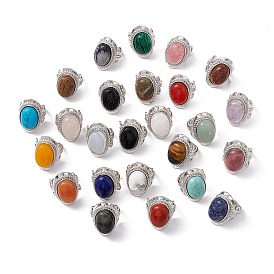 Gemstone Adjustable Rings, Oval with Brass Findings, Cadmium Free & Nickel Free & Lead Free
