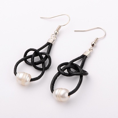 Freshwater Pearl Beads Earrings, Brass Earring Hooks with Cowhide Leather Cord, Platinum, 45mm