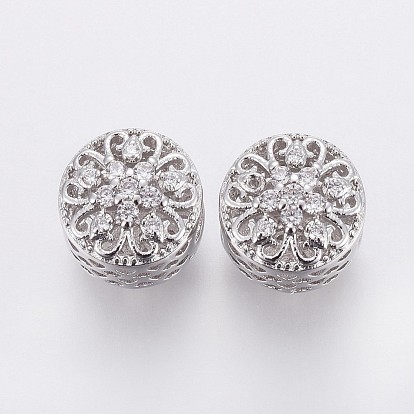 Brass Micro Pave Cubic Zirconia European Beads, Large Hole Beads, Hollow, Flat Round with Flower, Clear