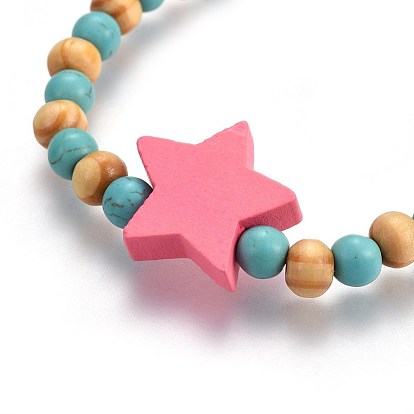 Wood Beads Kids Stretch Bracelets, with Synthetic Turquoise, Star