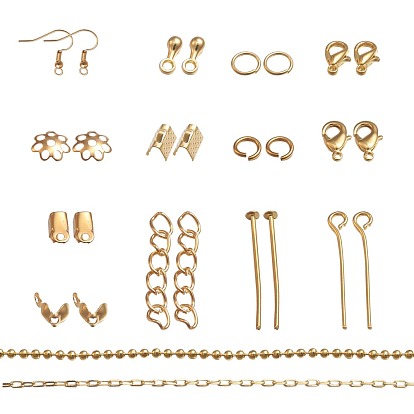 Metal Jewelry Findings Kits, with Iron Head /Eye Pins, Folding Crimp Ends, Bead Tips Knot Covers/Ribbon Ends/Twist Chain Extensions, Alloy Lobster Claw Clasps, Brass Chains and Earring Hooks